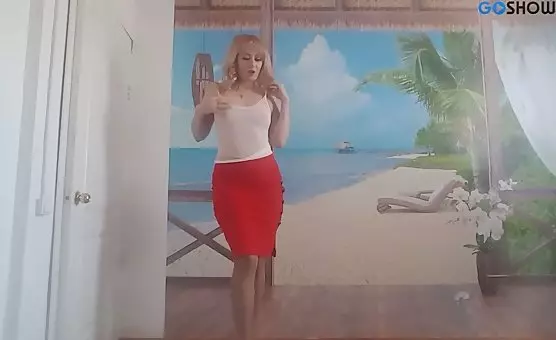 Blonde Milf in Red Skirt and Tan Stockings Teases and Fingers